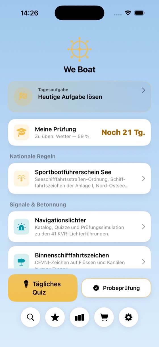 We-Boat-Startbildschirm: Tagesaufgabe, Prüfungs-Countdown und schwächstes Thema