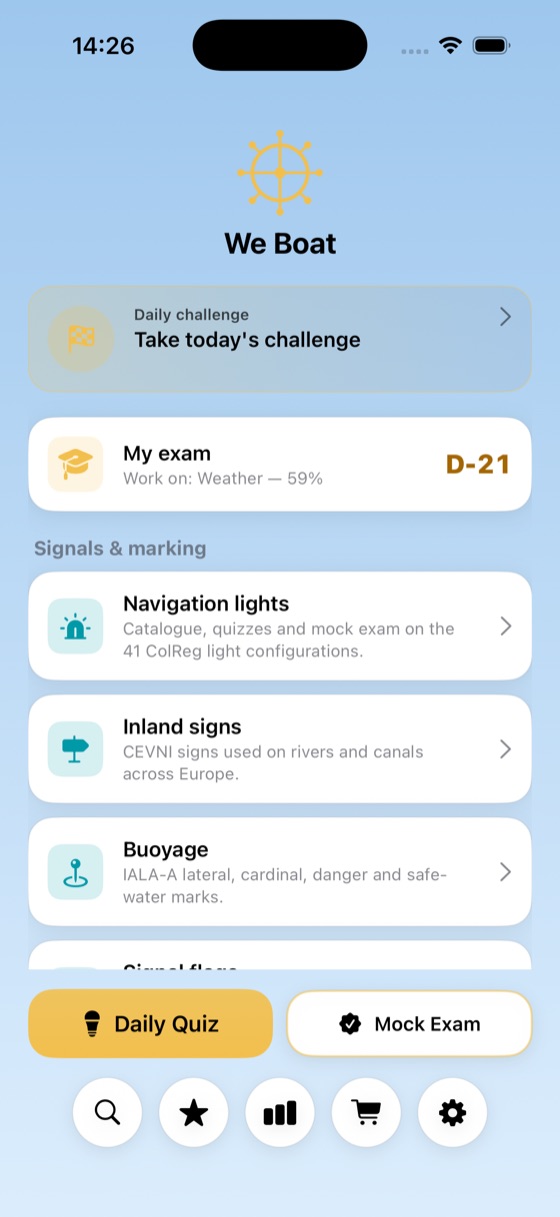 We Boat home screen: today's challenge, exam countdown and the weakest subject