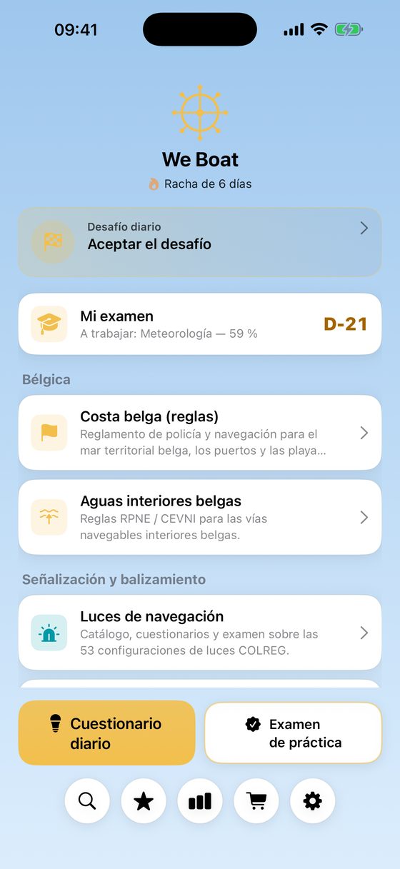 Pantalla de inicio de We Boat con las 20 materias, el test diario y el examen simulado