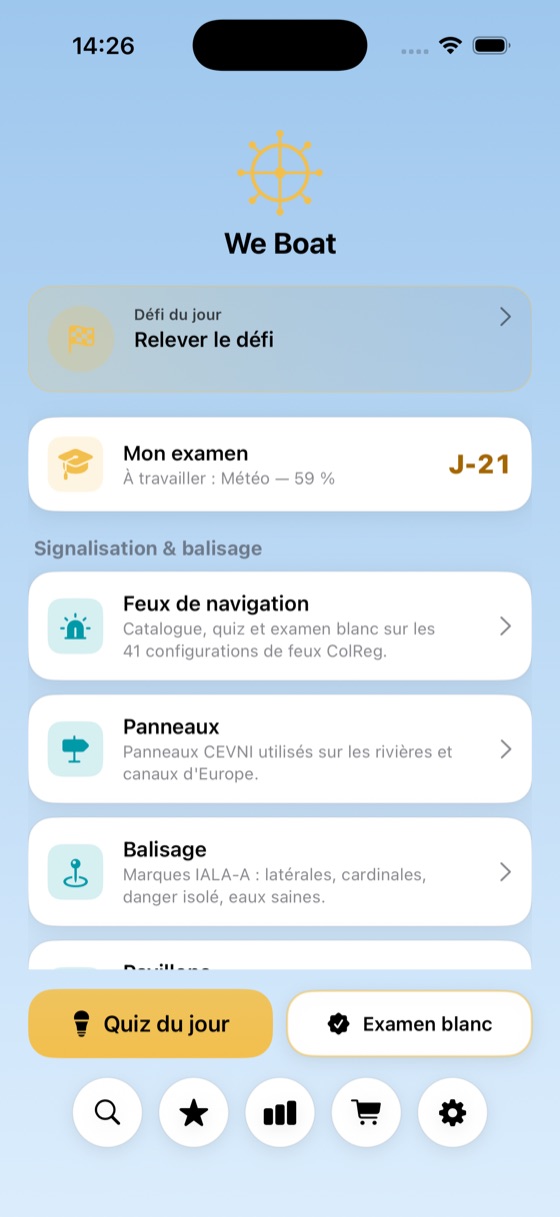 Écran d'accueil We Boat : défi du jour, compte à rebours de l'examen et matière la plus faible