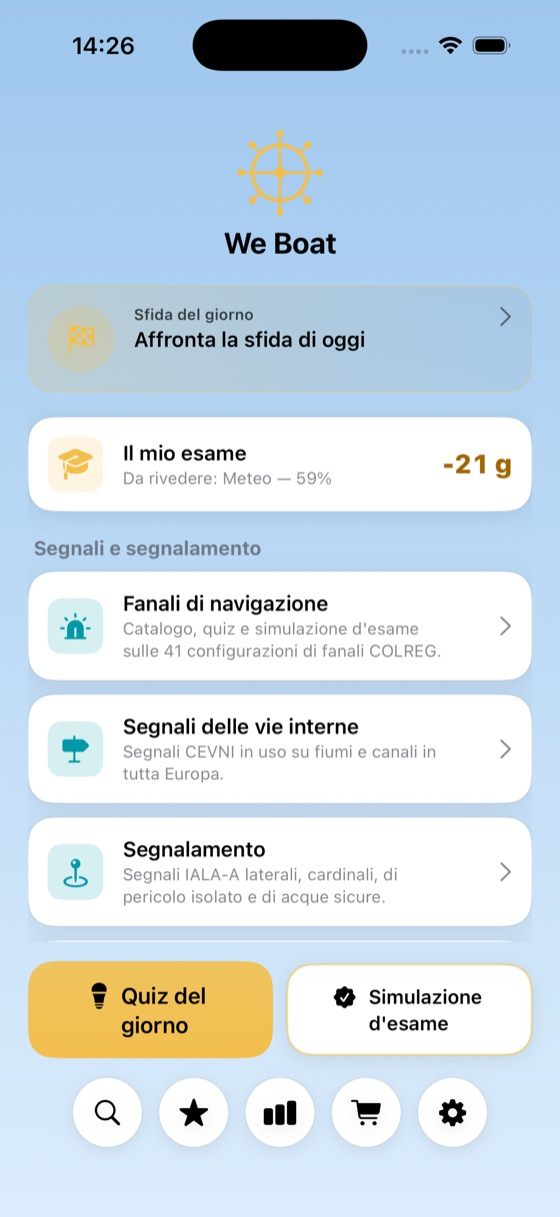 Schermata iniziale di We Boat: sfida del giorno, conto alla rovescia dell'esame e materia più debole