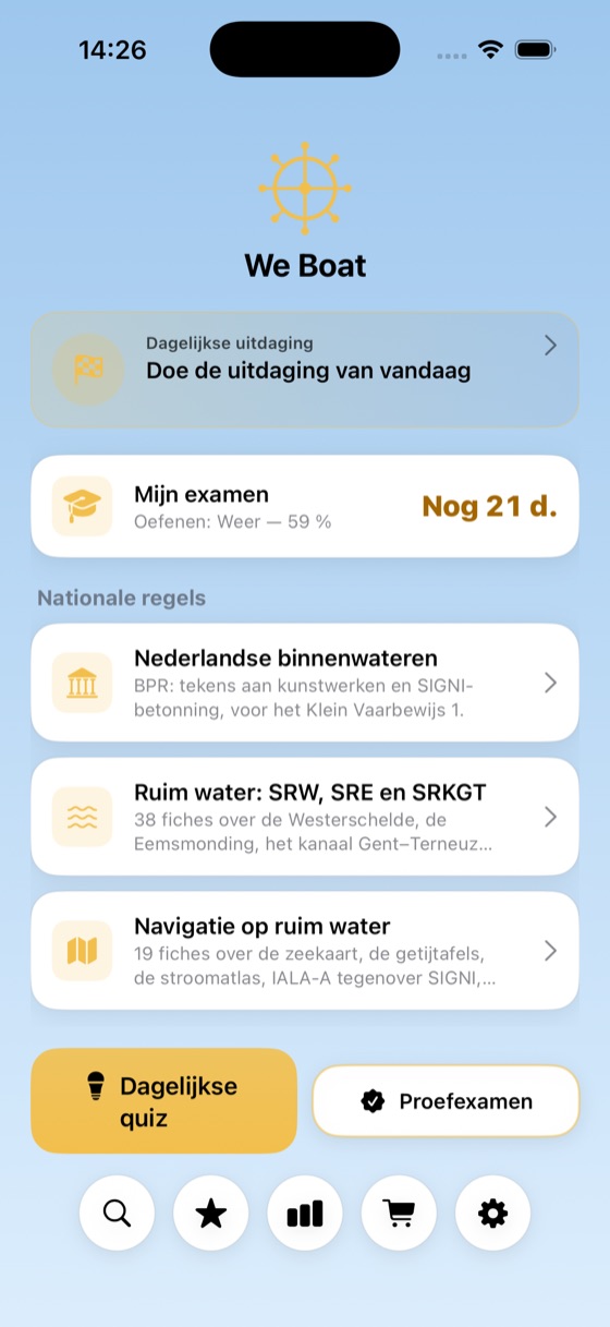 We Boat-beginscherm: dagelijkse uitdaging, aftelling naar het examen en zwakste onderwerp