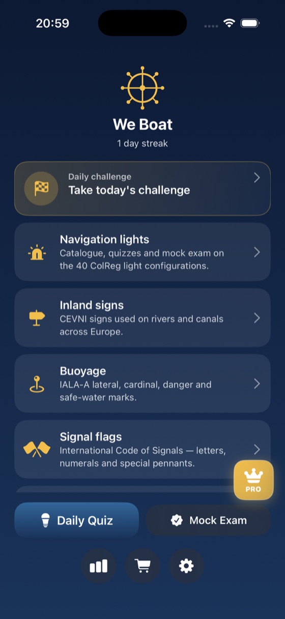 We Boat home screen with the 16 subjects, daily quiz and mock exam