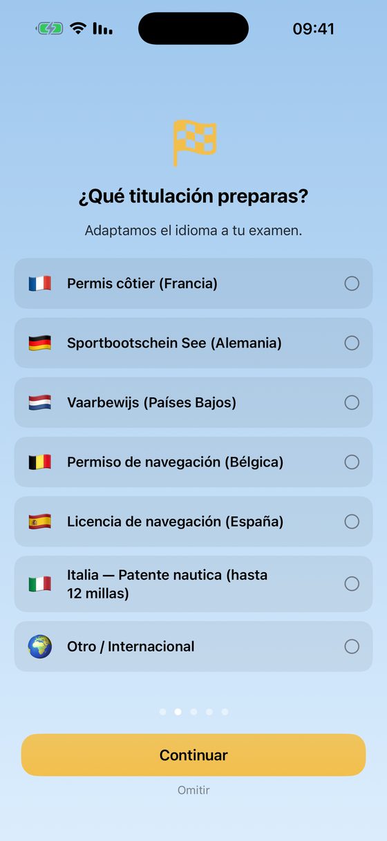 Pantalla de selección de permiso — elige el examen que estás preparando