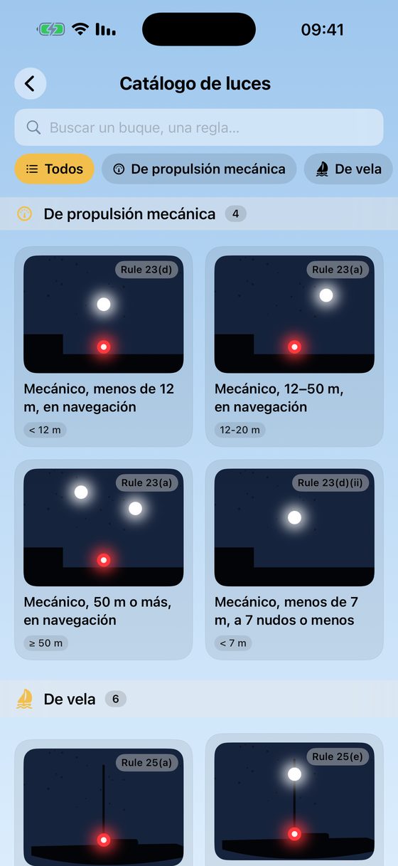Catálogo de luces con las configuraciones de luces de buques COLREG
