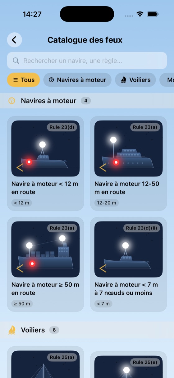 Catalogue des feux We Boat, chaque configuration dessinée sur la silhouette de son navire