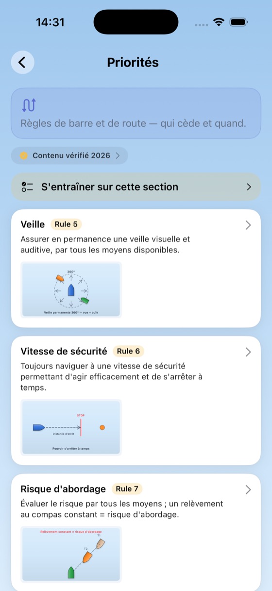 Écran Priorités de We Permis Bateau : règles de barre illustrées et entraînement par section