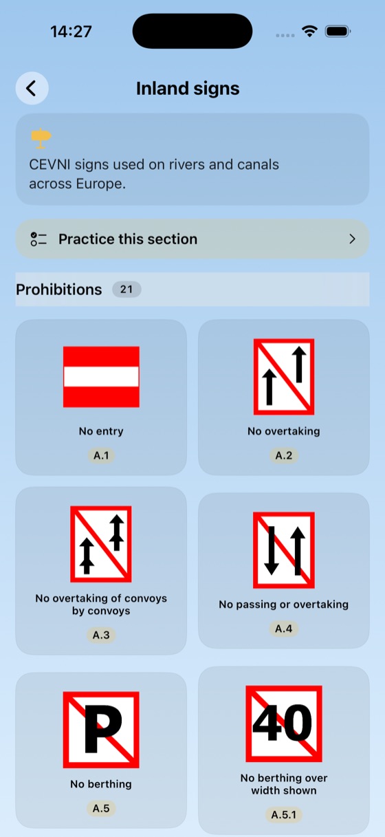 Official CEVNI inland-waterway signs