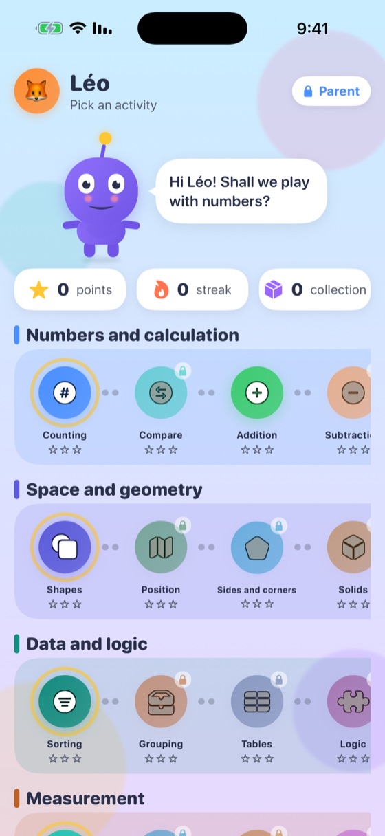 We Math home screen showing the four maths domains and their topic paths