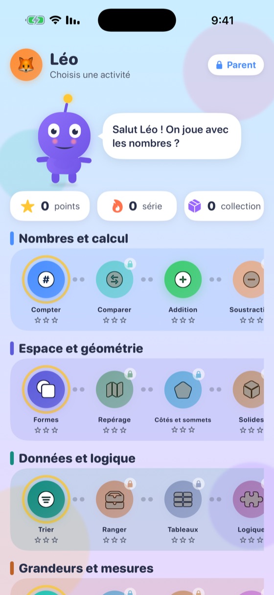 Écran d'accueil We Math avec les quatre domaines de maths et leurs parcours