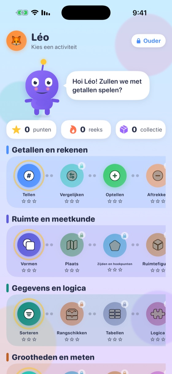 We Math-beginscherm met de vier rekendomeinen en hun paden
