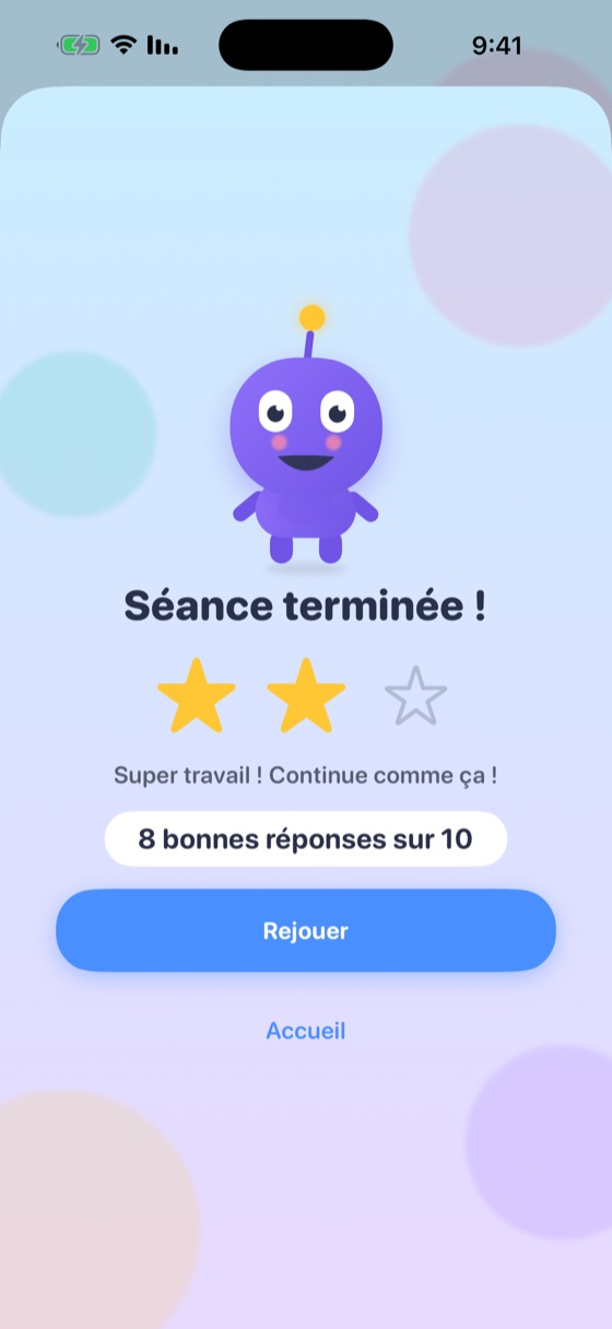 Bilan de fin de séance avec les étoiles et le nombre de bonnes réponses