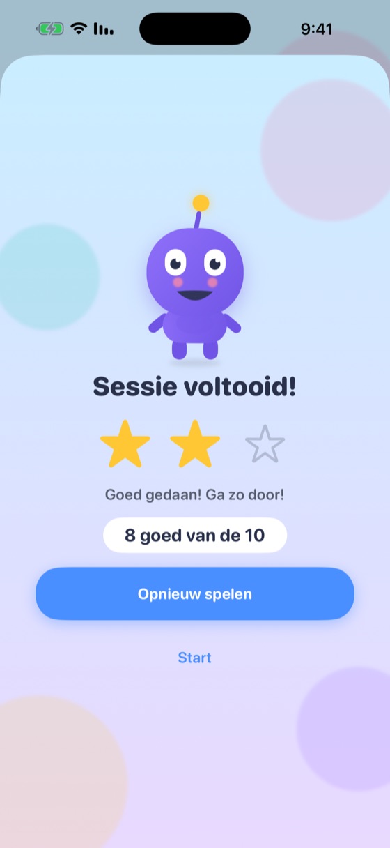 Overzicht aan het einde van de sessie met sterren en het aantal goede antwoorden