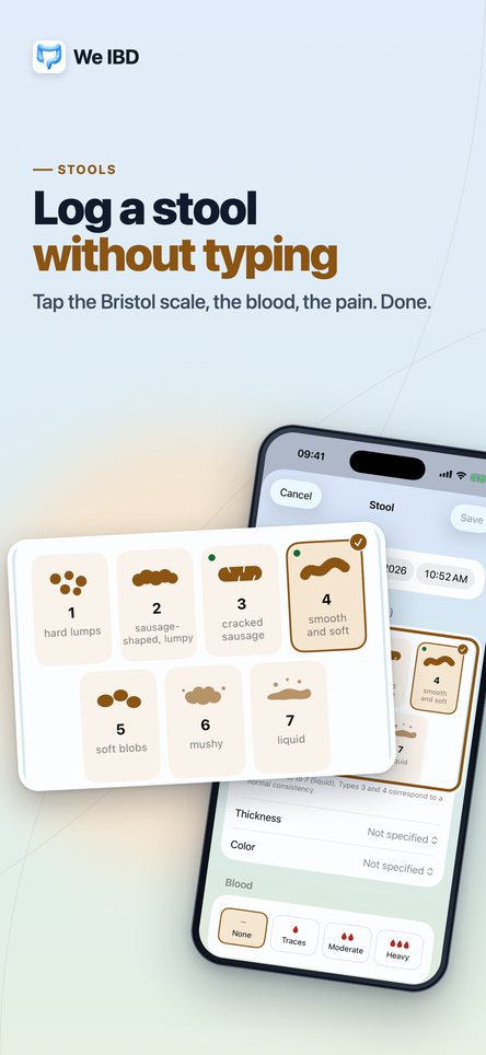 Log a stool without typing. Tap the Bristol scale, the blood, the pain. Done.