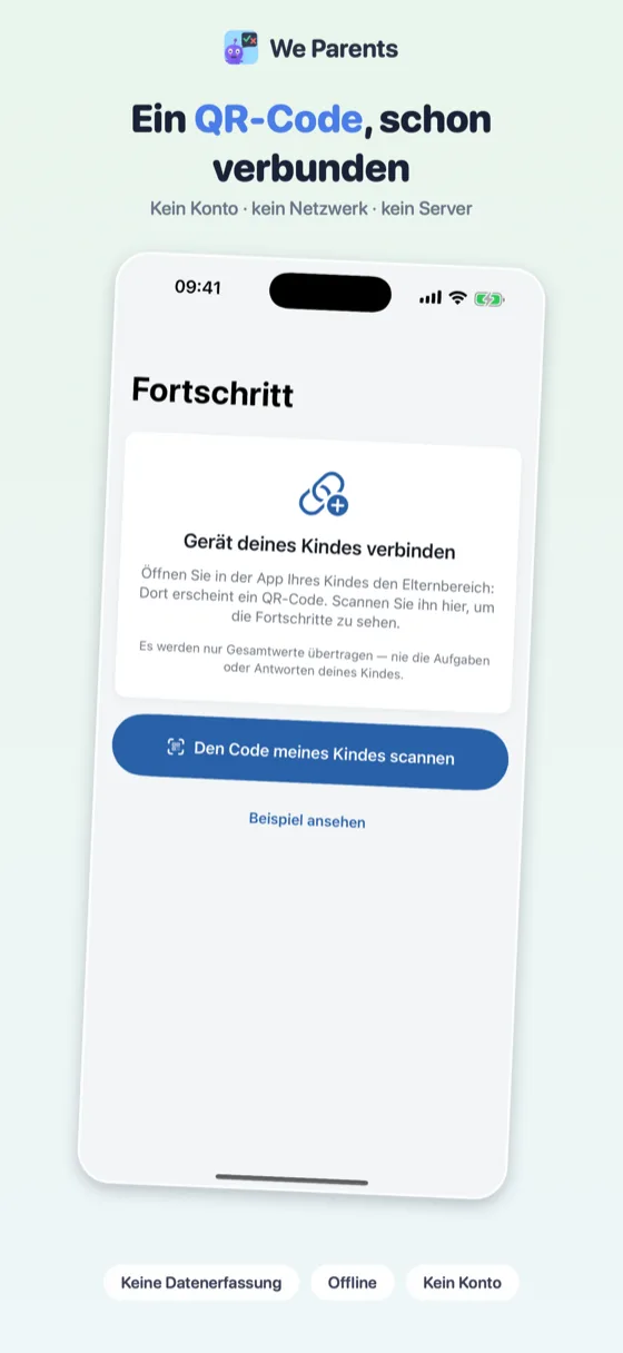 We-Parents-Startbildschirm: „Den Code meines Kindes scannen“ oder „Beispiel ansehen“