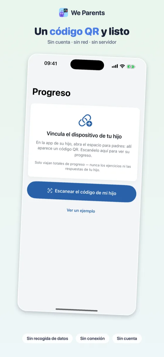 Pantalla de inicio de We Parents: « Escanear el código de mi hijo » o « Ver un ejemplo »