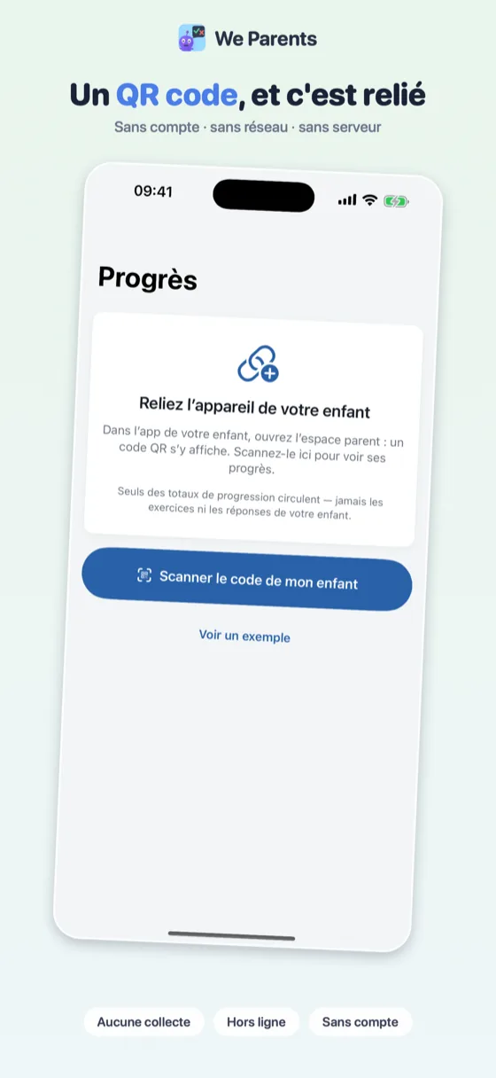 Écran de démarrage We Parents : « Scanner le code de mon enfant » ou « Voir un exemple »