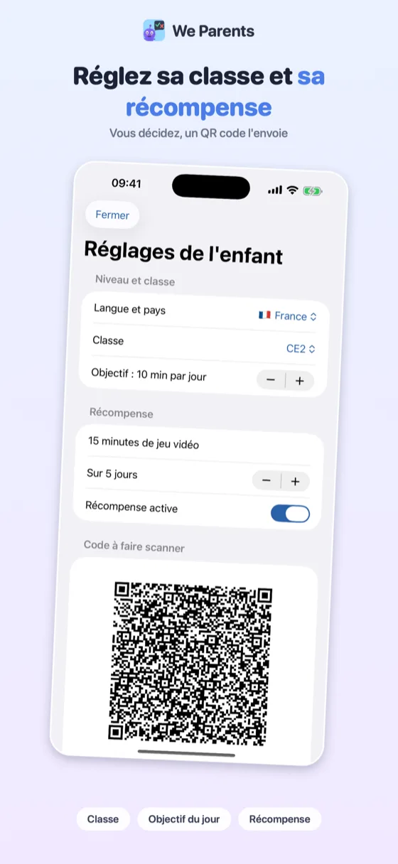 Écran de réglages We Parents : classe, objectif du jour et récompense, avec le code à faire scanner par l'enfant